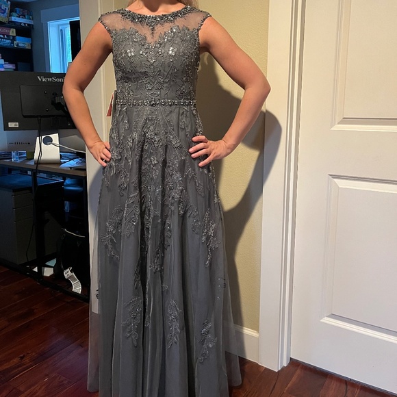 A Line Scoop Illusion Floor Length Lace Tulle Evening Dress with Beading Sequins - Picture 5 of 6